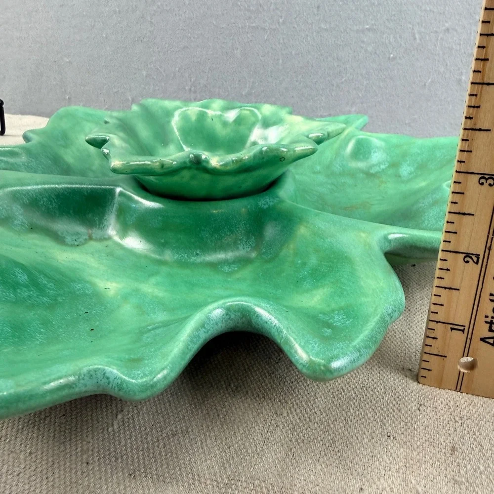 Vintage Green Leaf Chip and Dip‎ Set Signed GJS Studio Pottery Mid Century Style